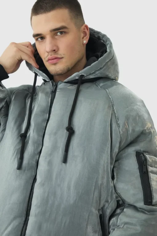 Tall Liquid Metallic Hooded Padded Bomber Jacket