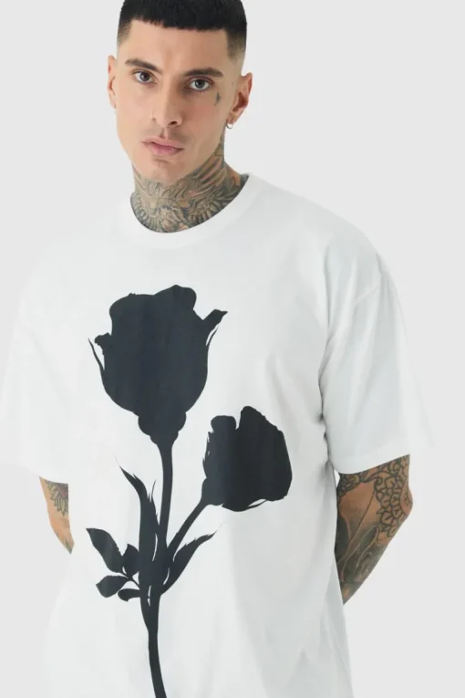 Tall Mono Placement Floral Printed T-shirt In White