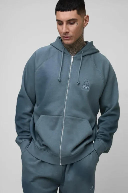 Tall Oversize Raglan Zip Thru Embroidered Spray Wash Hoodie