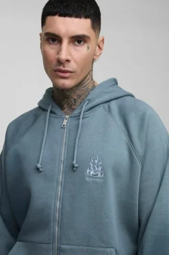 Tall Oversize Raglan Zip Thru Embroidered Spray Wash Hoodie