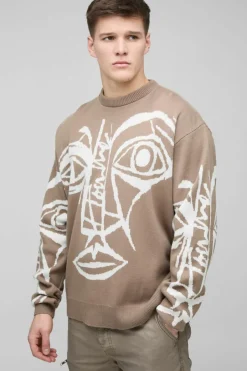 Tall Oversized Boxy Abstract Line Face Knitted Jumper