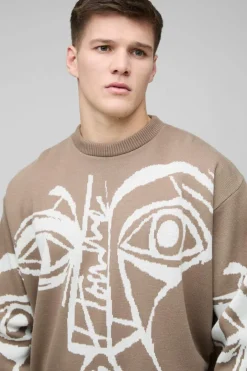 Tall Oversized Boxy Abstract Line Face Knitted Jumper