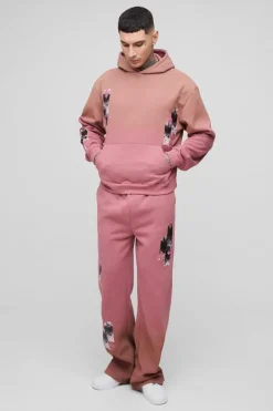 Tall Oversized Boxy Applique Cross Spray Wash Hooded Relaxed Flare Tracksuit