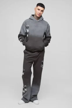 Tall Oversized Boxy Applique Cross Spray Wash Hooded Relaxed Flare Tracksuit