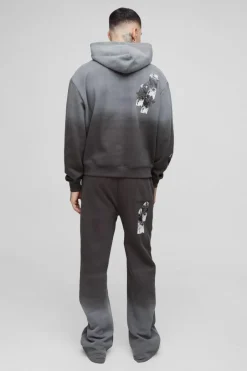Tall Oversized Boxy Applique Cross Spray Wash Hooded Relaxed Flare Tracksuit