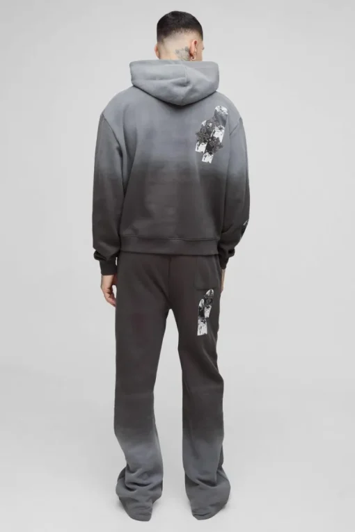 Tall Oversized Boxy Applique Cross Spray Wash Hooded Relaxed Flare Tracksuit