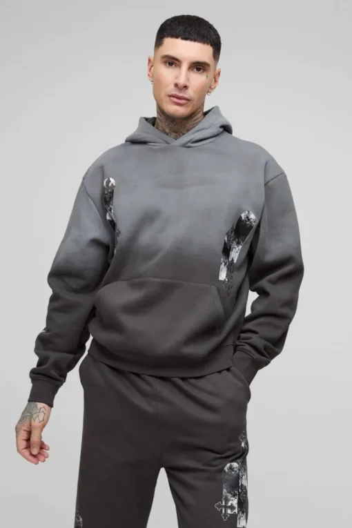 Tall Oversized Boxy Applique Cross Spray Wash Hooded Relaxed Flare Tracksuit