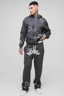 Tall Oversized Boxy Heart Print Zip Hooded Double Waistband Tracksuit