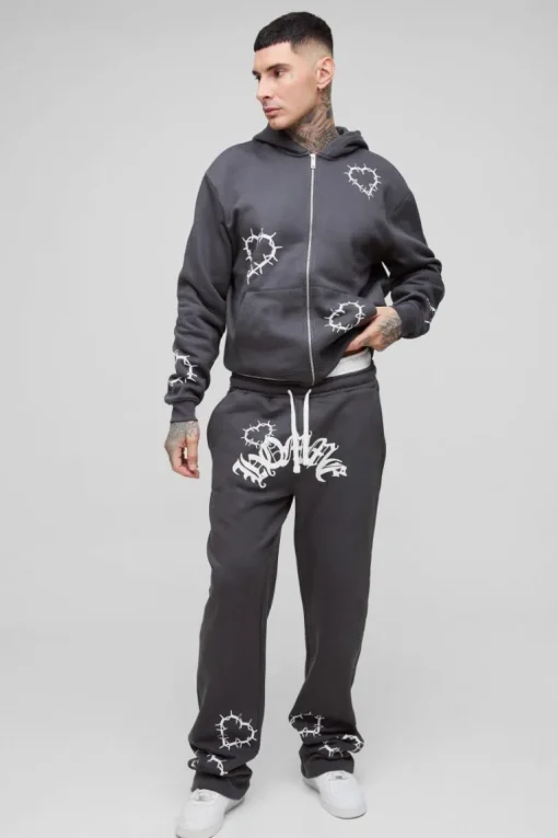 Tall Oversized Boxy Heart Print Zip Hooded Double Waistband Tracksuit