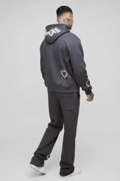 Tall Oversized Boxy Heart Print Zip Hooded Double Waistband Tracksuit