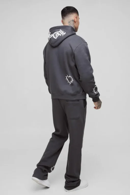 Tall Oversized Boxy Heart Print Zip Hooded Double Waistband Tracksuit