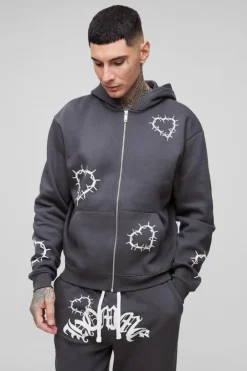 Tall Oversized Boxy Heart Print Zip Hooded Double Waistband Tracksuit
