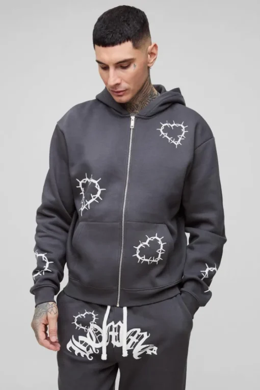Tall Oversized Boxy Heart Print Zip Hooded Double Waistband Tracksuit