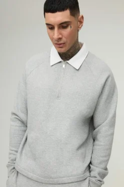 Tall Oversized Boxy Polo Sweatshirt in Grey