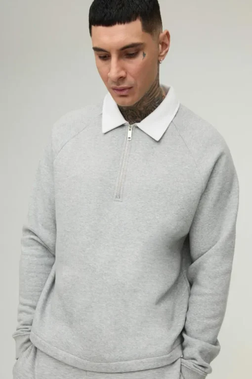 Tall Oversized Boxy Polo Sweatshirt in Grey
