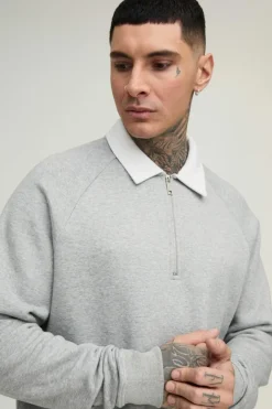 Tall Oversized Boxy Polo Sweatshirt in Grey
