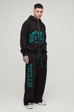 Tall Oversized Boxy Zip Thru Rhinestone Applique Hooded Tracksuit