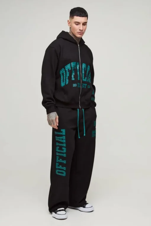 Tall Oversized Boxy Zip Thru Rhinestone Applique Hooded Tracksuit