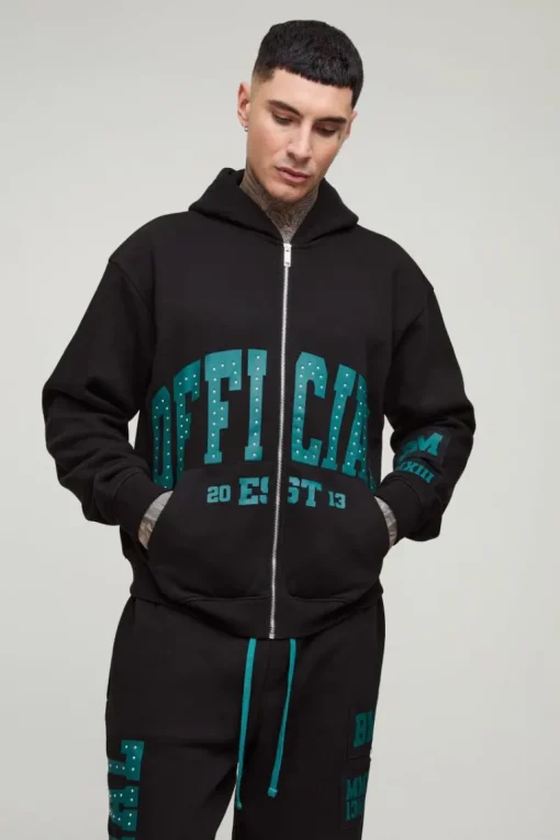 Tall Oversized Boxy Zip Thru Rhinestone Applique Hooded Tracksuit