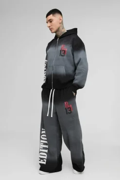 Tall Oversized Boxy Zip Thru Official Spray Wash Hooded Wide Leg Tracksuit