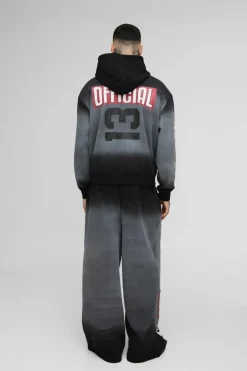 Tall Oversized Boxy Zip Thru Official Spray Wash Hooded Wide Leg Tracksuit