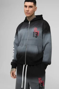 Tall Oversized Boxy Zip Thru Official Spray Wash Hooded Wide Leg Tracksuit