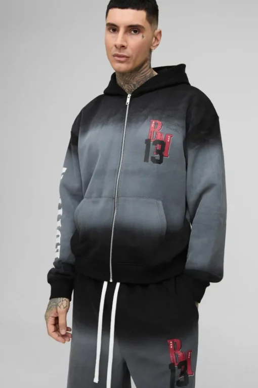 Tall Oversized Boxy Zip Thru Official Spray Wash Hooded Wide Leg Tracksuit