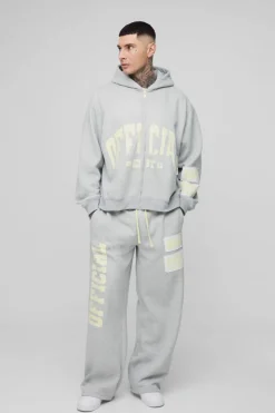 Tall Oversized Boxy Zip Thru Rhinestone Applique Hooded Tracksuit