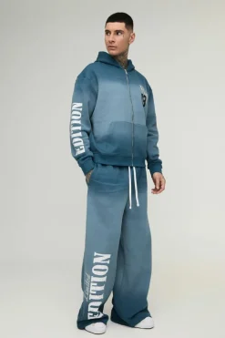 Tall Oversized Boxy Zip Thru Official Spray Wash Hooded Wide Leg Tracksuit