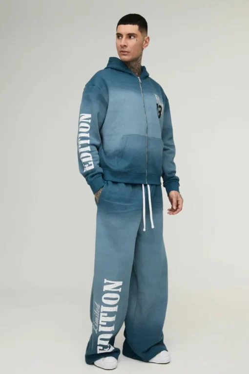 Tall Oversized Boxy Zip Thru Official Spray Wash Hooded Wide Leg Tracksuit