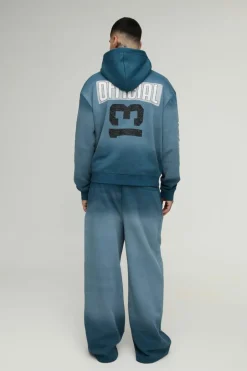 Tall Oversized Boxy Zip Thru Official Spray Wash Hooded Wide Leg Tracksuit