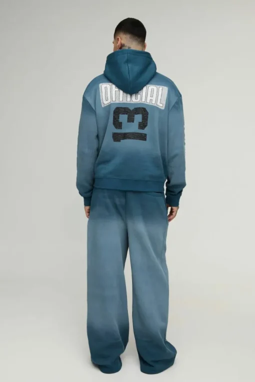 Tall Oversized Boxy Zip Thru Official Spray Wash Hooded Wide Leg Tracksuit