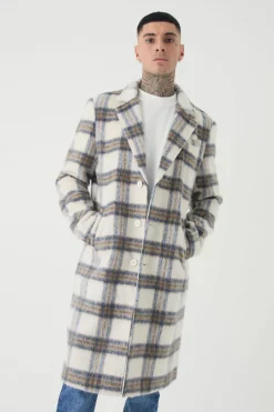Tall Oversized Brushed Check Overcoat In Ecru