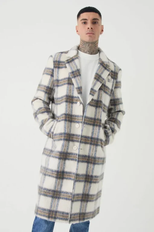 Tall Oversized Brushed Check Overcoat In Ecru
