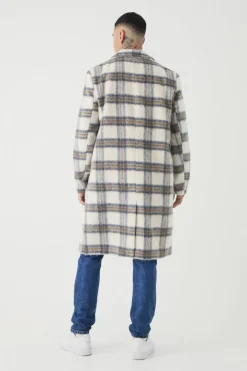 Tall Oversized Brushed Check Overcoat In Ecru