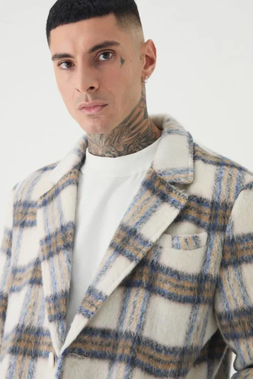 Tall Oversized Brushed Check Overcoat In Ecru