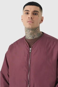 Tall Oversized Collarless Padded Bomber Jacket In Wine