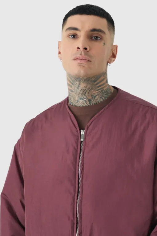 Tall Oversized Collarless Padded Bomber Jacket In Wine