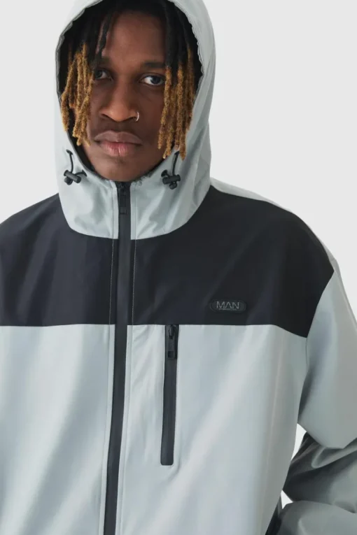 Tall Oversized Colour Block Hooded Windbreaker In Grey