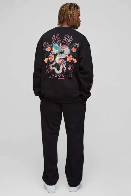 Tall Oversized Dragon Floral Graphic Extended Neck Sweatshirt