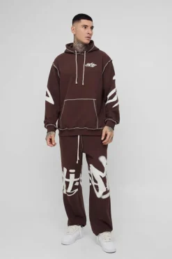 Tall Oversized Man Graffiti Rope Drawcord Hooded Tracksuit