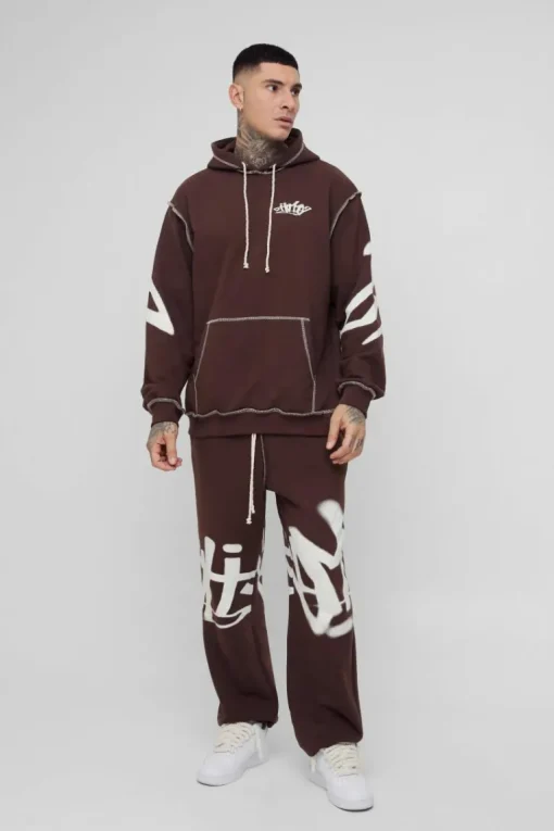 Tall Oversized Man Graffiti Rope Drawcord Hooded Tracksuit