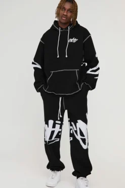 Tall Oversized Man Graffiti Rope Drawcord Hooded Tracksuit