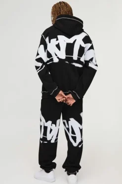 Tall Oversized Man Graffiti Rope Drawcord Hooded Tracksuit