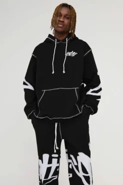 Tall Oversized Man Graffiti Rope Drawcord Hooded Tracksuit