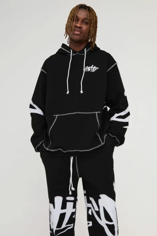 Tall Oversized Man Graffiti Rope Drawcord Hooded Tracksuit