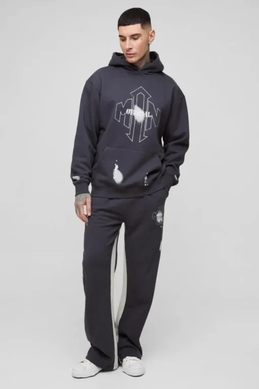 Tall Oversized Man Paint Splatter Hooded Relaxed Flare Tracksuit