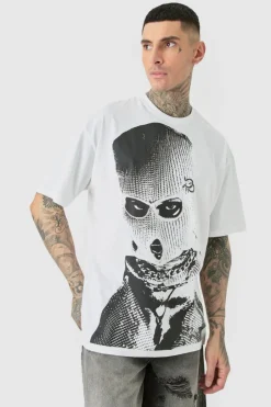 Tall Oversized Mono Balaclava Print T-shirt In White