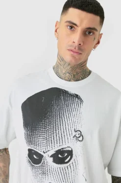 Tall Oversized Mono Balaclava Print T-shirt In White
