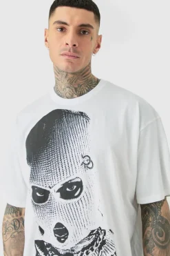 Tall Oversized Mono Balaclava Print T-shirt In White